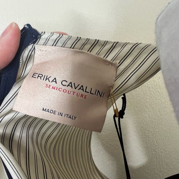 Erika Cavallini Sheath Shirt Dress 8 Pinstriped Button Front Midi Navy Wool New - Picture 10 of 12